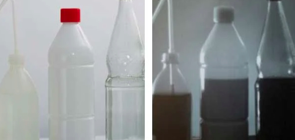 填满的瓶子在可见光(左)和SWIR(右)成像